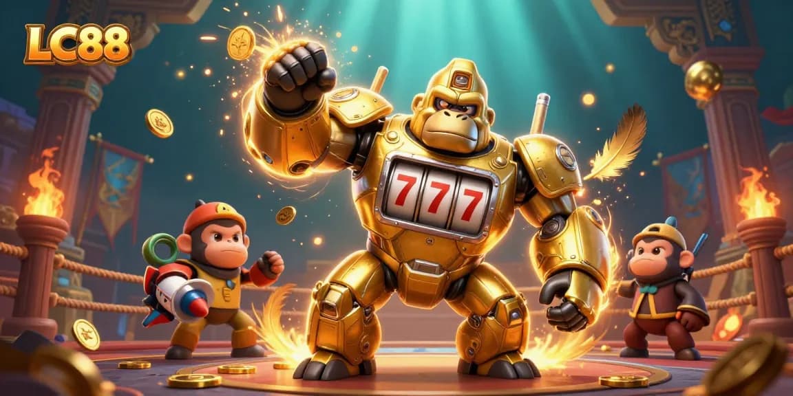 Experience the winning thrill at LC88 with a dynamic 3D illustration of a golden gorilla mech and exciting casino elements.