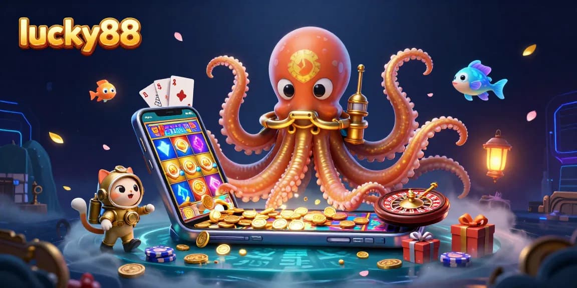 Play lucky88 slots with the kraken and diving cat in a vibrant casino illustration.
