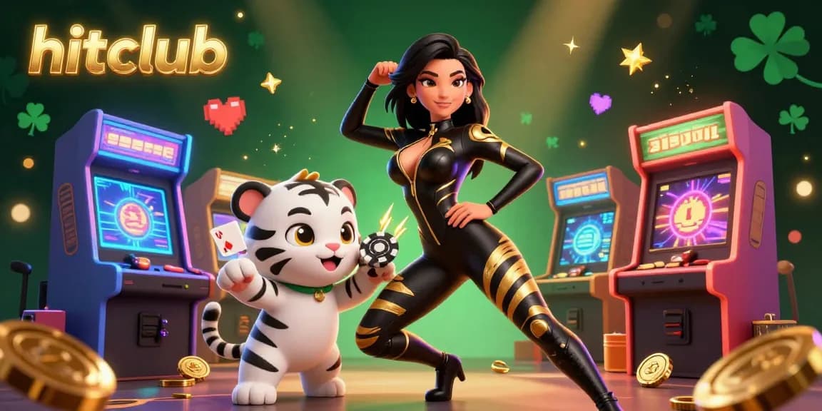 Engage in thrilling gaming at hitclub with stunning visuals of a woman and a baby tiger amidst vibrant casino elements.