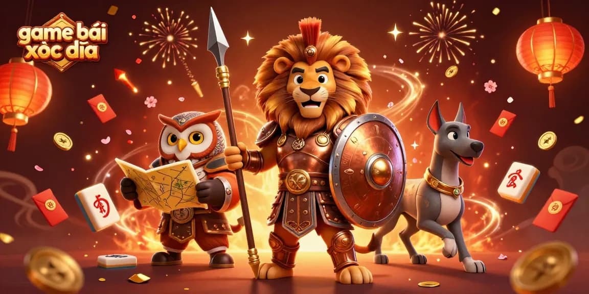 Experience game bài xóc đĩa through vibrant 3D characters and festive elements in this dynamic illustration
