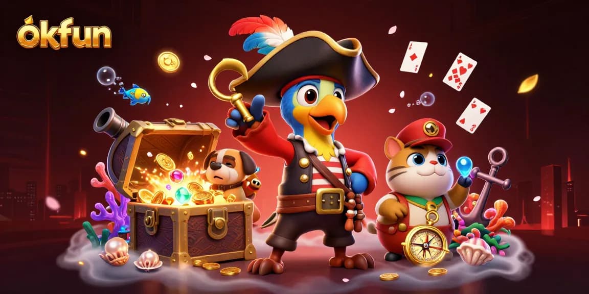 Engage in exhilarating gambling at okfun with a vibrant casino-themed illustration showcasing pirates and treasures.