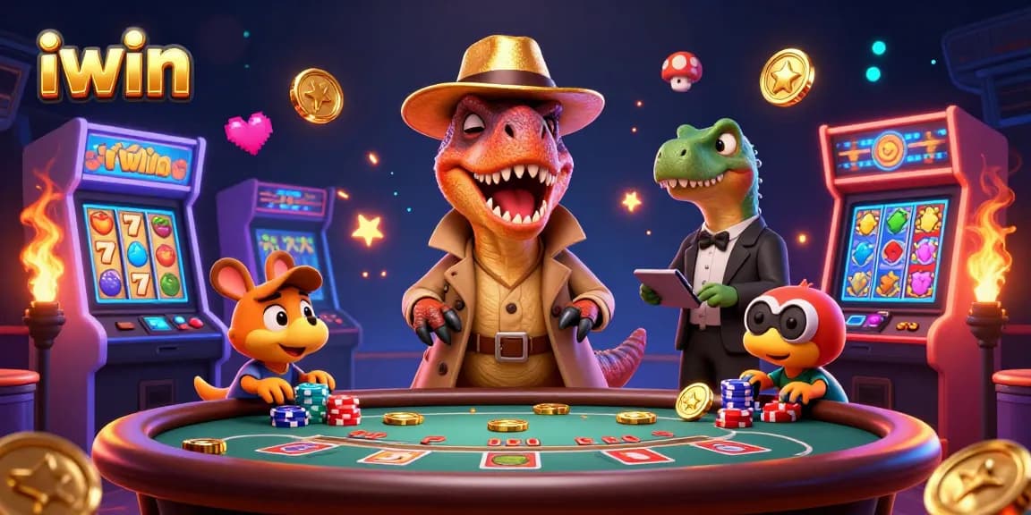iwin gaming illustration of a velociraptor card counter trying to be discreet at a lively casino environment.