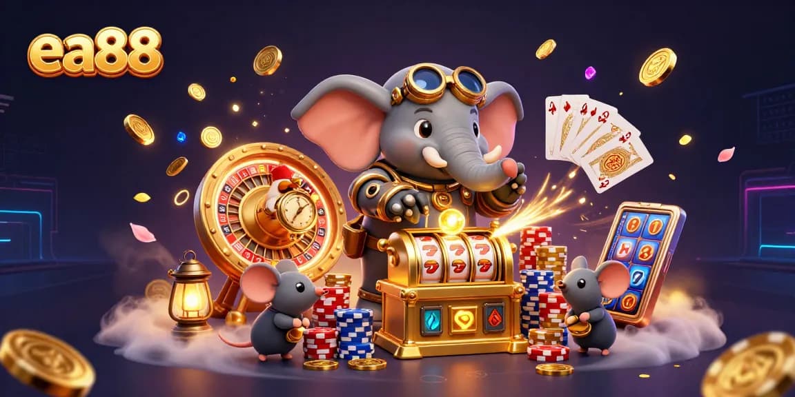 Spin the golden slot machines at ea88 with fun characters amidst cascading coins and vibrant casino elements.