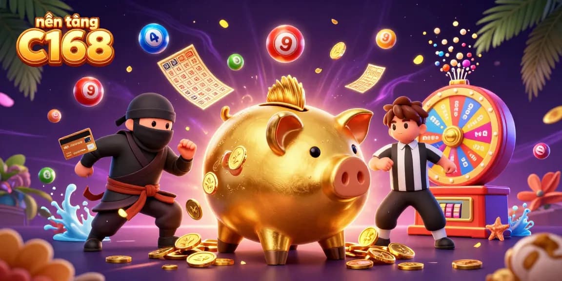 Join the fun at nền tảng C168 where a golden piggy bank sumo wrestler battles in an energetic casino scene.