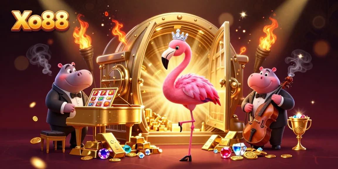 Xo88 showcases a vibrant scene of classic casino elements with slot reels and dazzling treasures.