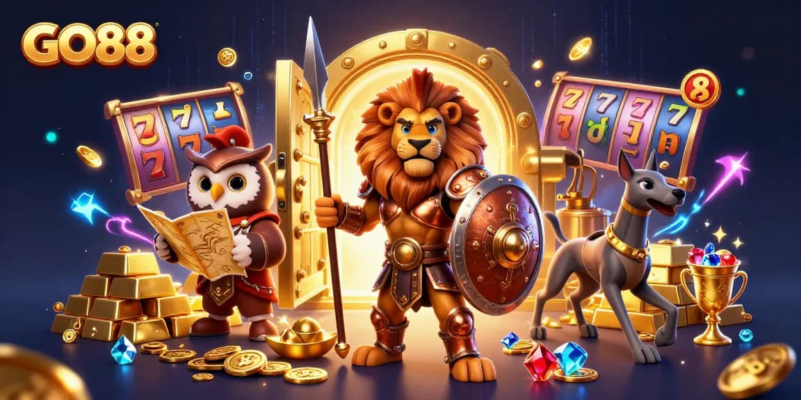 Experience the thrilling excitement at GO88 with vibrant casino elements and strategic characters.