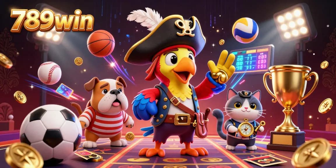 Bet on exciting games with 789win, featuring dynamic sports elements and vibrant casino characters.