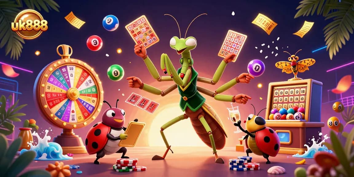uk888 features a giant praying mantis card sharp and ladybug pit boss in an exciting casino scene.