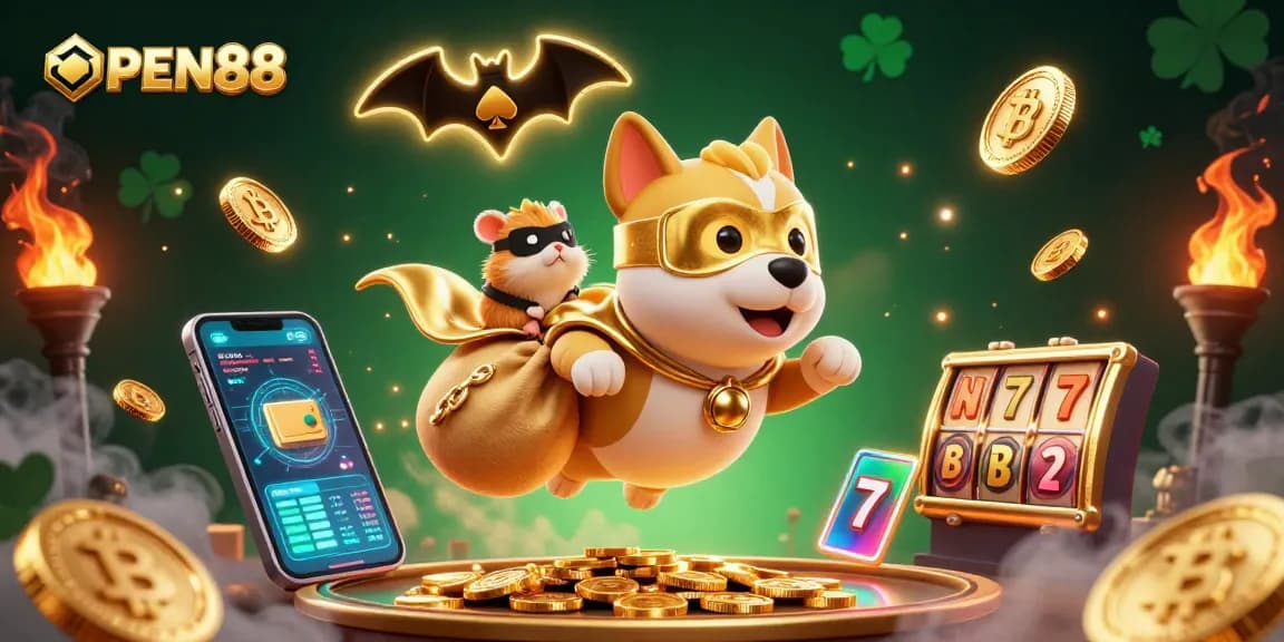 Join OPEN88 as the superhero dog delivers gold coins in an exhilarating casino scene.
