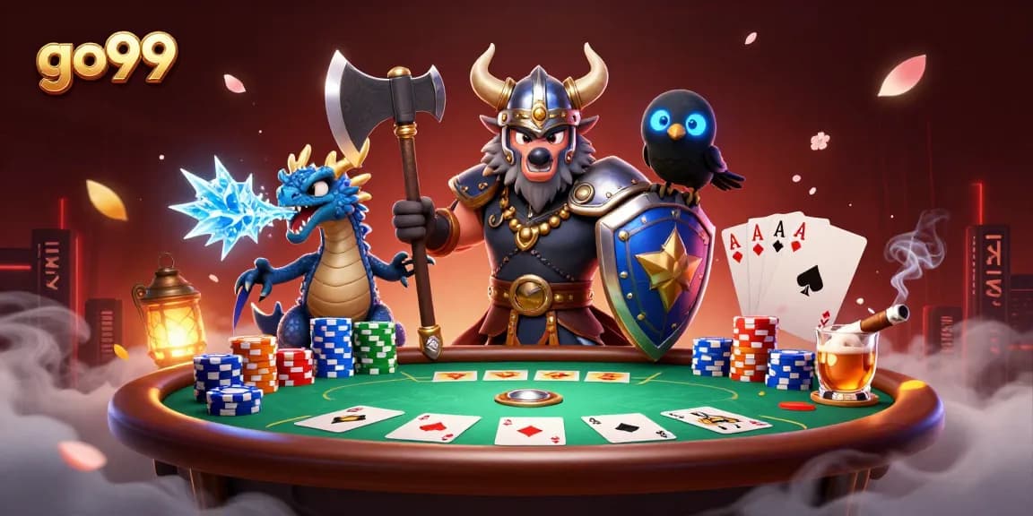 Engage with go99 through this lively poker scene featuring a Viking wolf warrior, dragon, and raven.