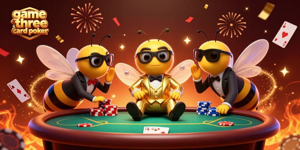Engage in the thrilling game three card poker with dynamic characters, festive atmosphere, and vibrant casino elements.