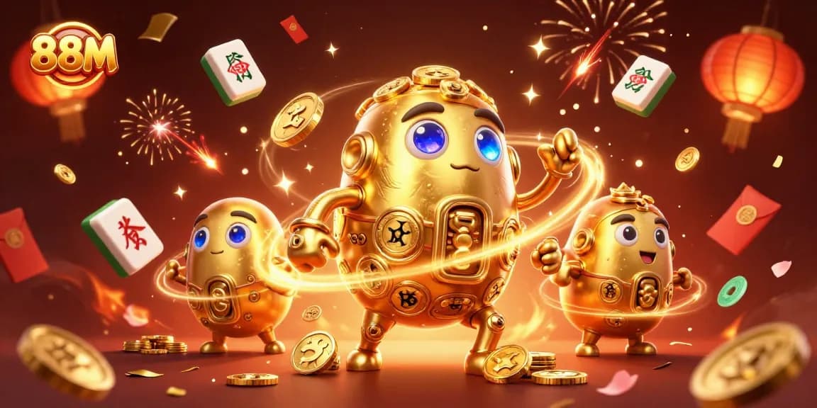 Engage with 88M's thrilling online gaming experience featuring a golden golem, slot symbols, and festive decorations.