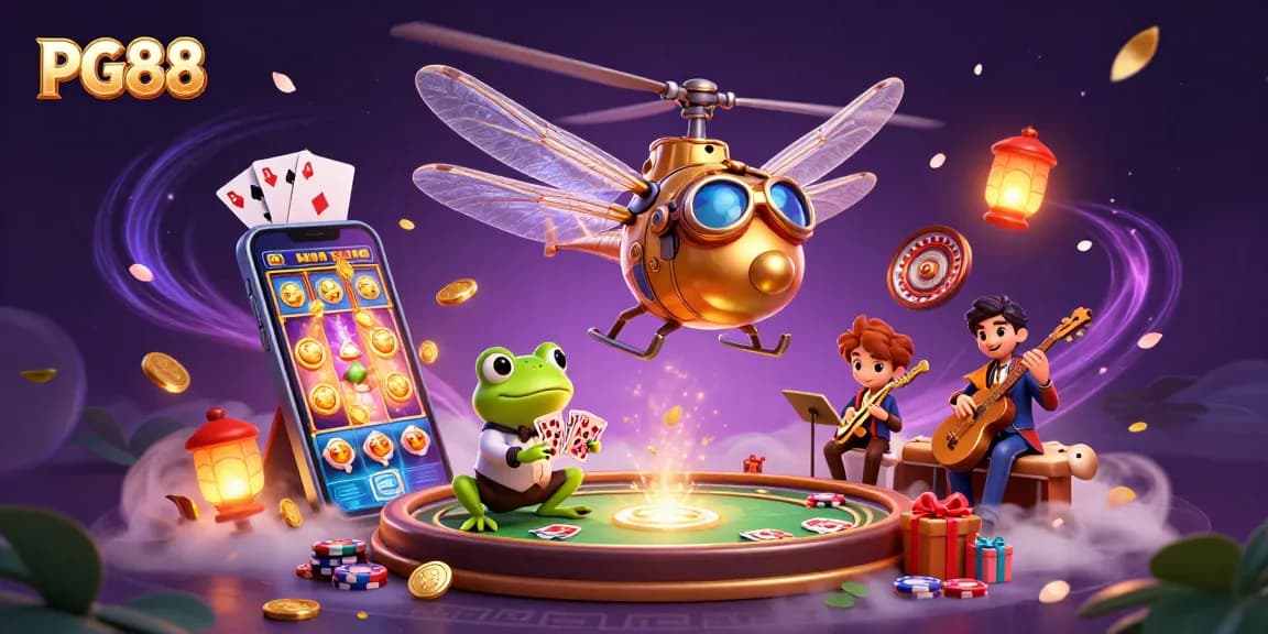 Engage with PG88's vibrant casino experience featuring a dragonfly pilot, frog croupier, and exciting game elements.