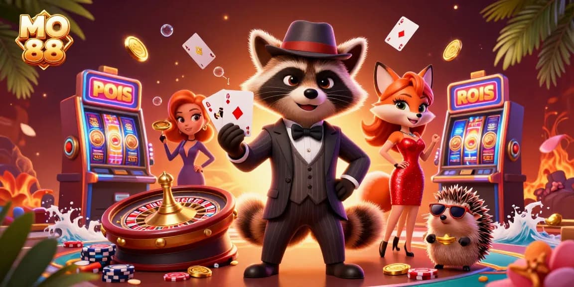 Experience thrilling gaming with MO 88 amidst a lively casino scene filled with vibrant games and characters.
