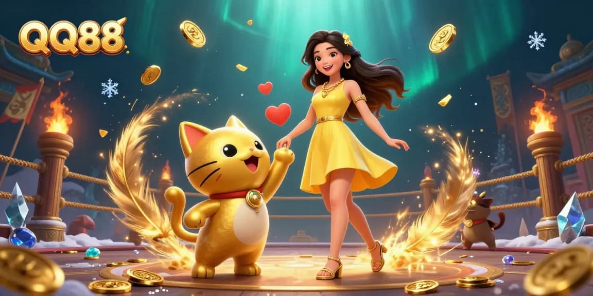 Experience the excitement of QQ88's online casino with games and golden rewards from this vibrant scene.