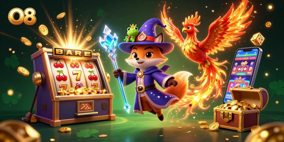 Spin the vibrant O8 slot machine with magical characters and golden rewards in an exciting casino scene.
