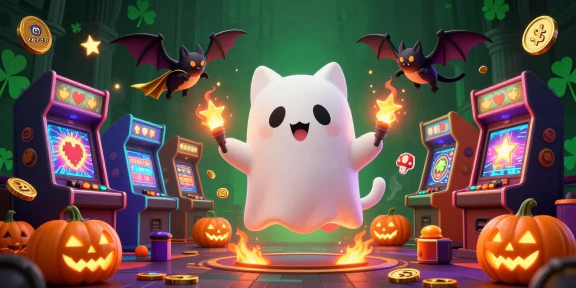 Join the fun at zev99 as the ghost cat gaming in a haunted casino, surrounded by glowing jack-o-lanterns.