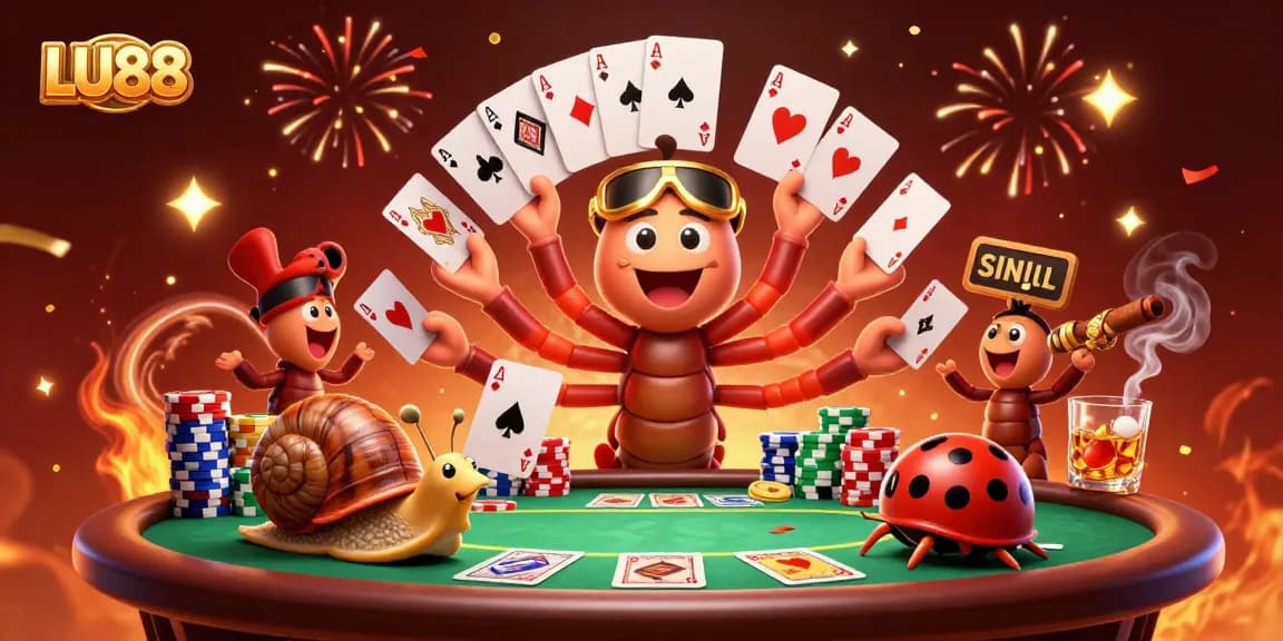 LU88 showcases a lively scene with cartoon dealer spreading cards and a high-roller pushing chips.