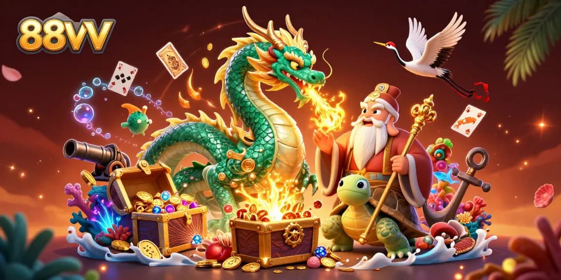 Engage with 88VV's vibrant online gambling world featuring a jade dragon, turtle sage, and lucky cranes.
