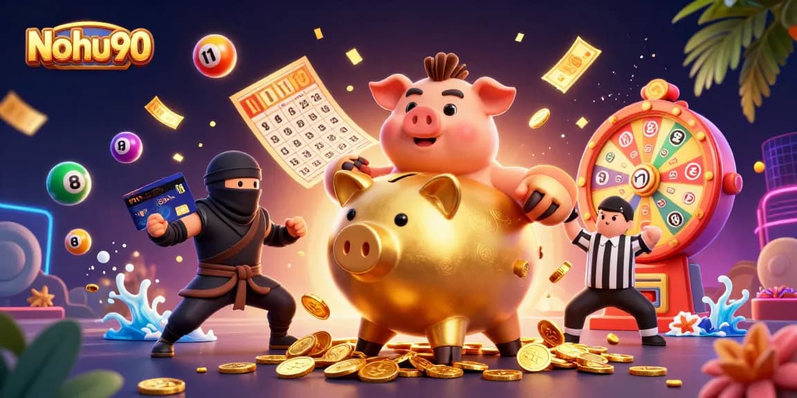 Nohu90 showcases a dynamic 3D scene with a golden piggy bank and colorful lottery elements.