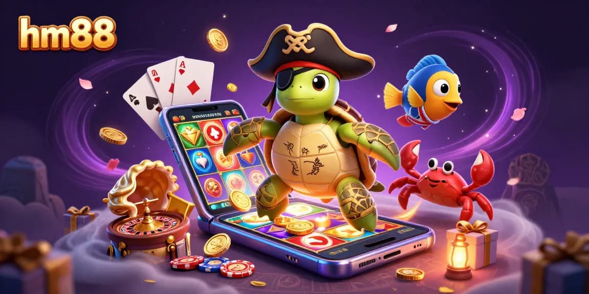 Spin the reels with hm88 in this vibrant casino scene featuring a cartoon pirate turtle and treasure.
