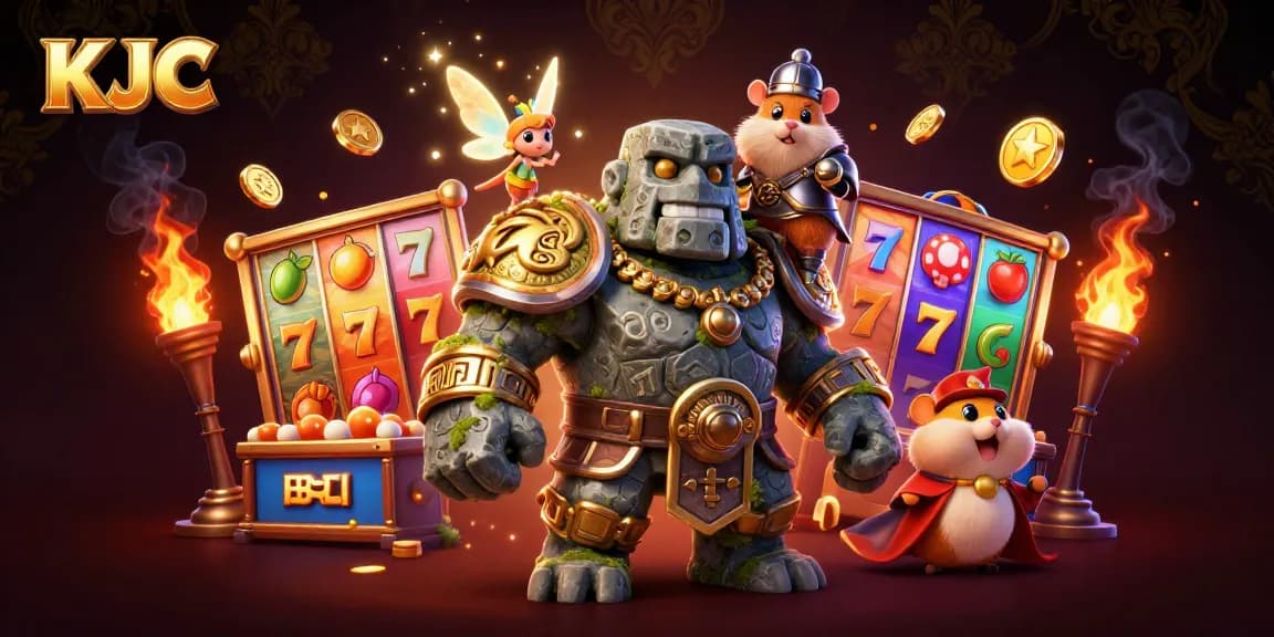 KJC's vibrant casino adventure features a golem guardian, fairy magic, and thrilling slot games.