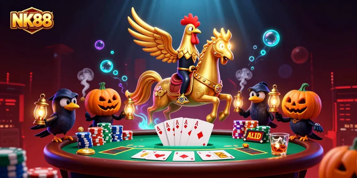 Experience the thrilling wins at NK88 with a dazzling midnight casino scene featuring a golden rooster and poker elements.