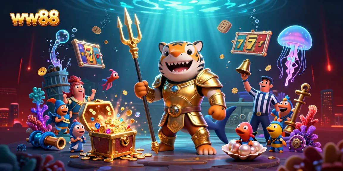 Experience thrilling gameplay at ww88 with a dynamic underwater casino scene featuring captivating characters and vibrant elements.