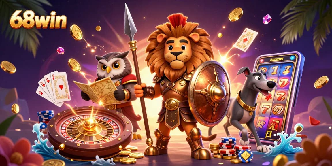 Experience the excitement of 68win with a vibrant 3D casino scene filled with iconic gaming elements.
