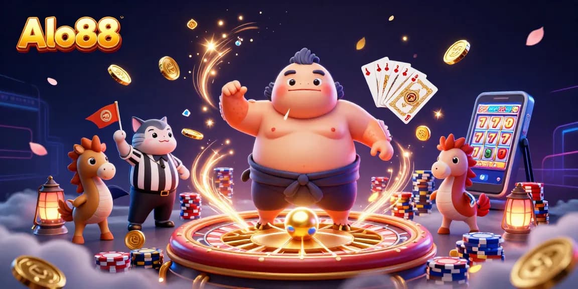 Alo88 showcases a dynamic gambling scene with a giant fugu, catfish referee, and thrilling casino elements.