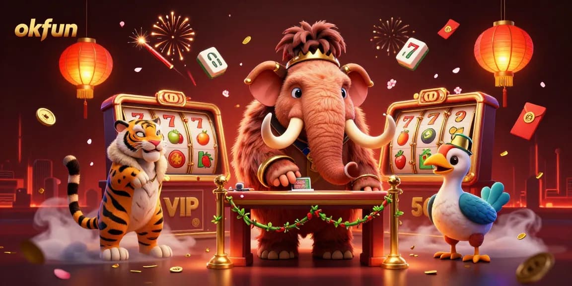 Experience okfun with a lively 3D casino scene featuring a bouncer mammoth, VIP saber-tooth tiger, and dodo doorman.