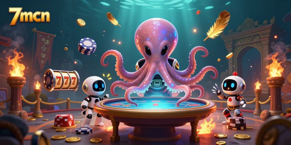 7mcn engages players with a vibrant casino scene featuring alien poker, lucky 7s, and swirling ember particles.