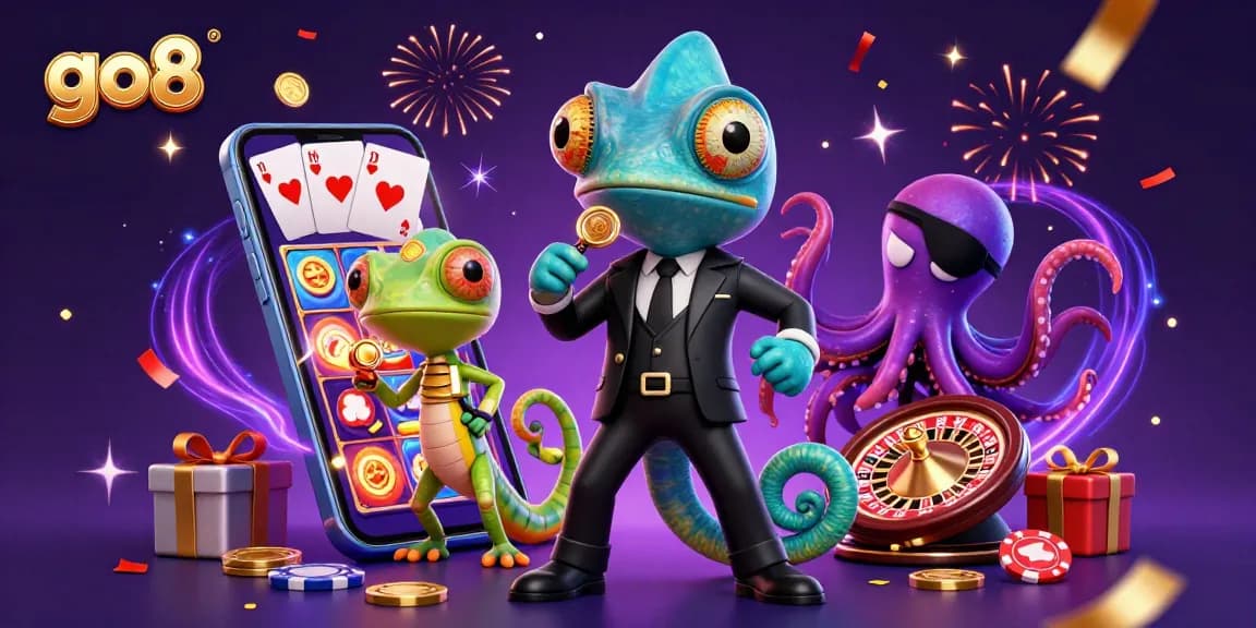 Go8 players spin colorful reels and win big amidst a lively casino atmosphere.