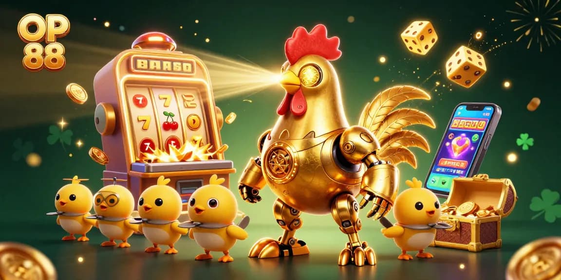 Experience the excitement of OP 88 with a 3D golden rooster robot and a thrilling casino scene.