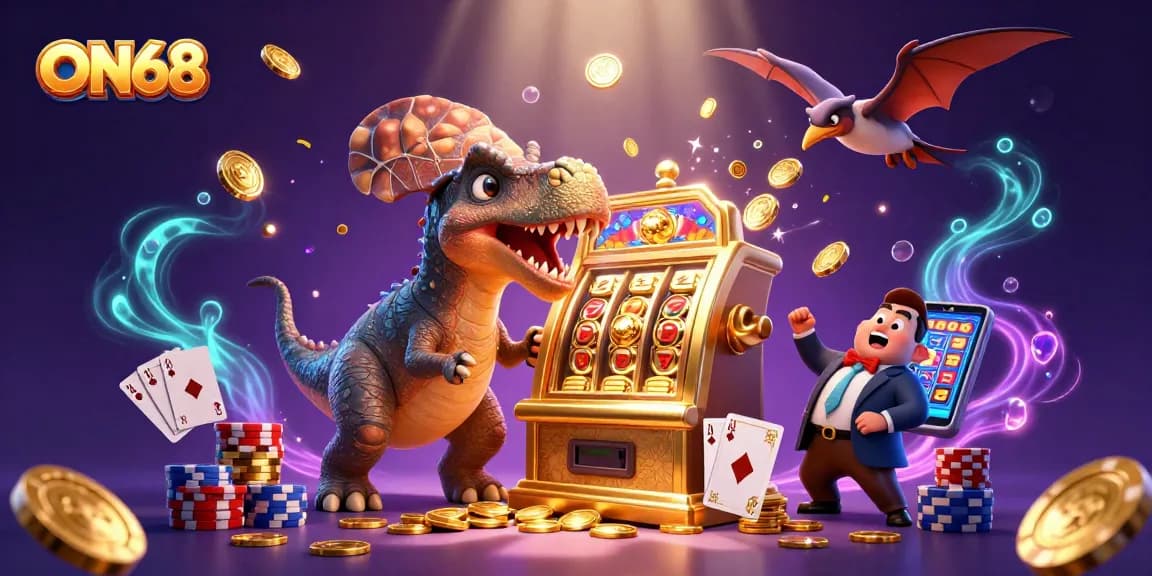 ON68 illustrates a lively casino scene with a dinosaur winning jackpots and coins flying