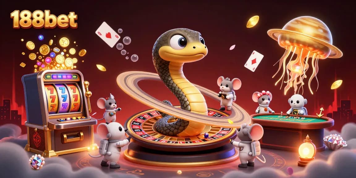 Engage with 188bet's exciting casino games, featuring 3D snakes and vibrant visuals in a captivating gambling scene.