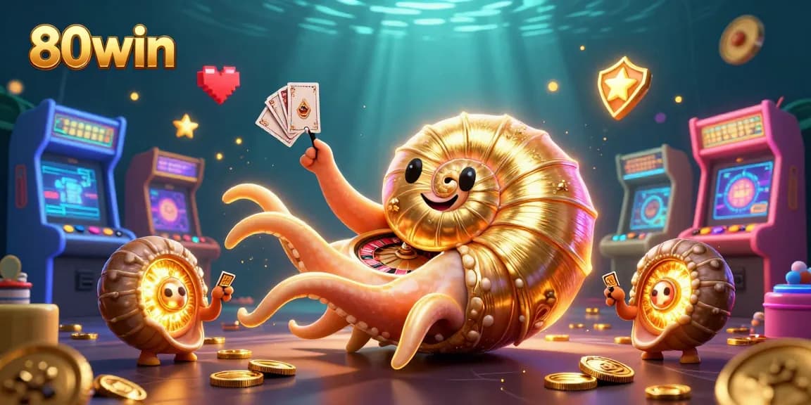 80win offers dynamic gaming action with a vibrant casino scene featuring a giant nautilus and arcade elements.