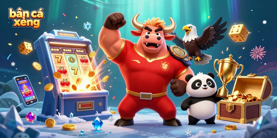 Engage in bắn cá xèng adventure with cartoon bull, eagle, and panda amidst golden treasures.