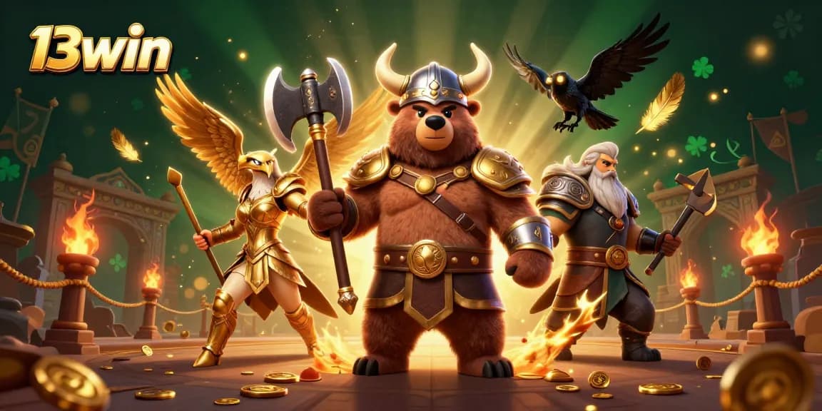 Join the 13win experience with epic Viking battles and golden rewards in this vibrant casino scene.