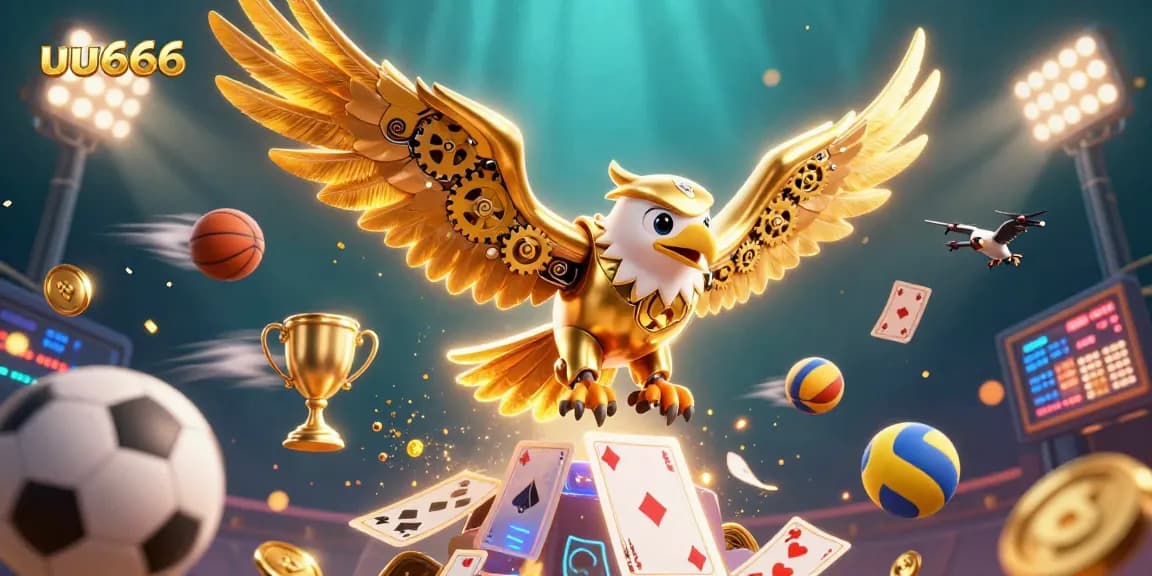 Experience thrilling gaming at uu666, with cybernetic eagle navigating vibrant playing cards and sports elements.