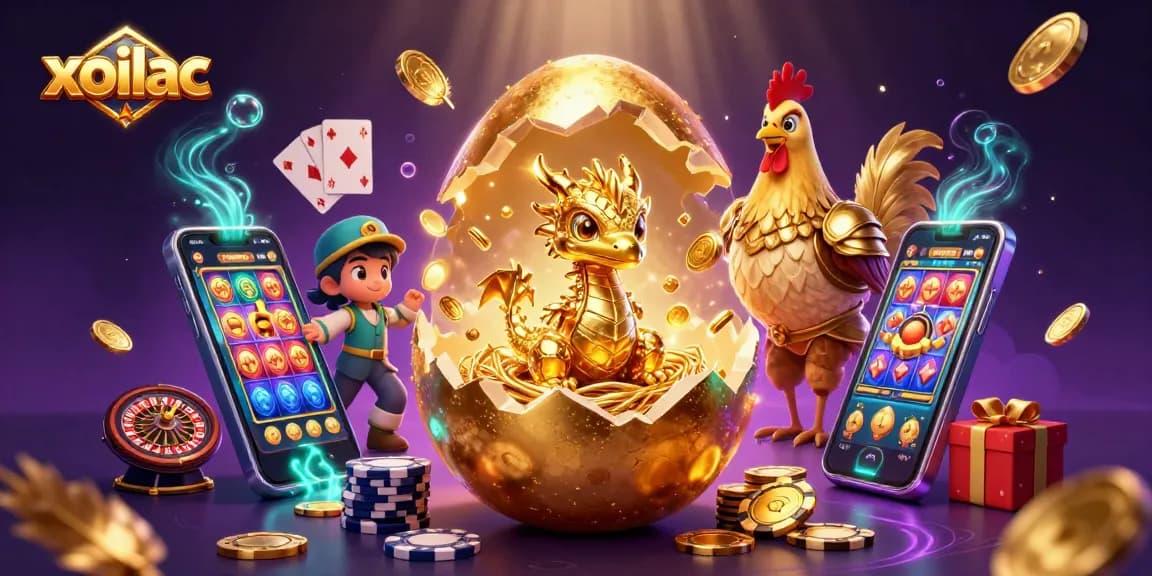 Experience thrilling online gaming with xoilac as a golden baby dragon reveals poker chips amidst dynamic slot games.