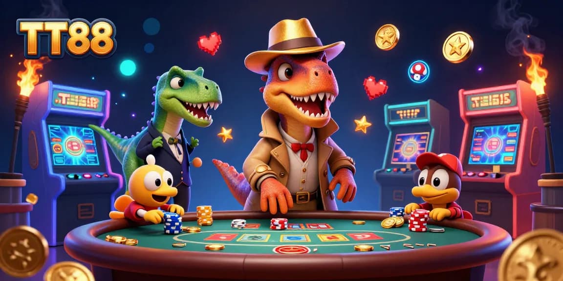 Engage in thrilling gameplay at TT88 with a velociraptor card counter amidst dazzling casino elements.