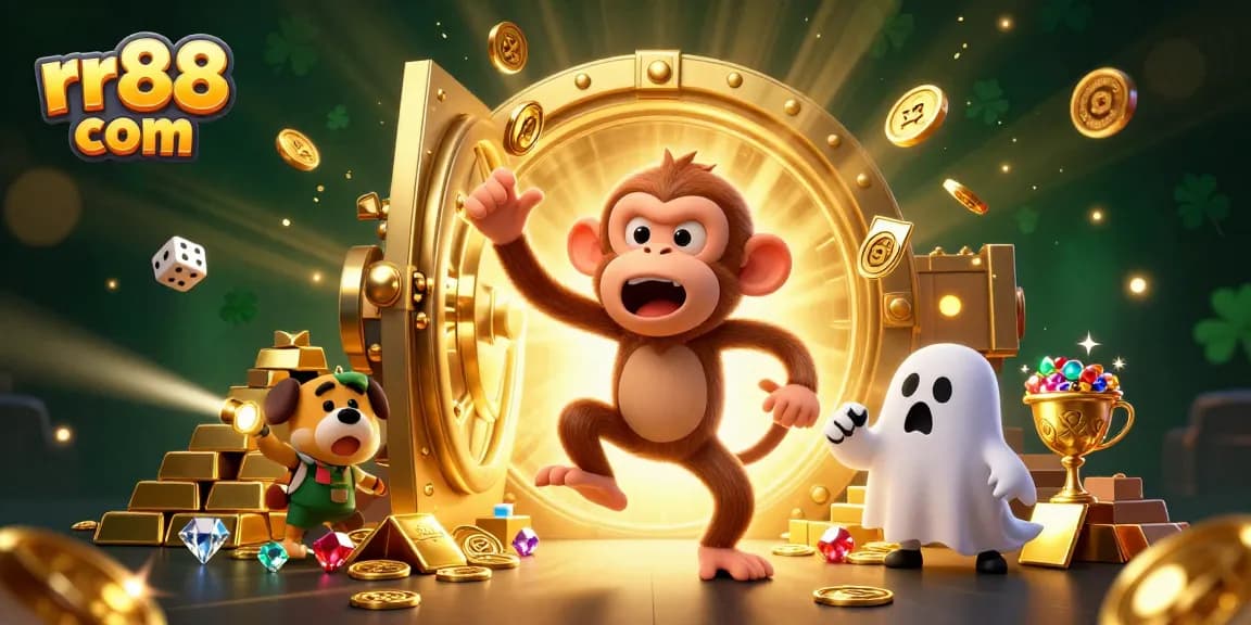 Experience thrilling gaming at rr88 com with a mischievous monkey juggling golden casino treasures.