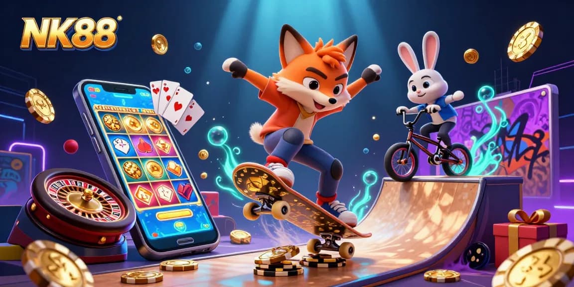Experience the thrilling action of NK88 with a dynamic 3D scene showcasing vibrant casino elements and playful characters.