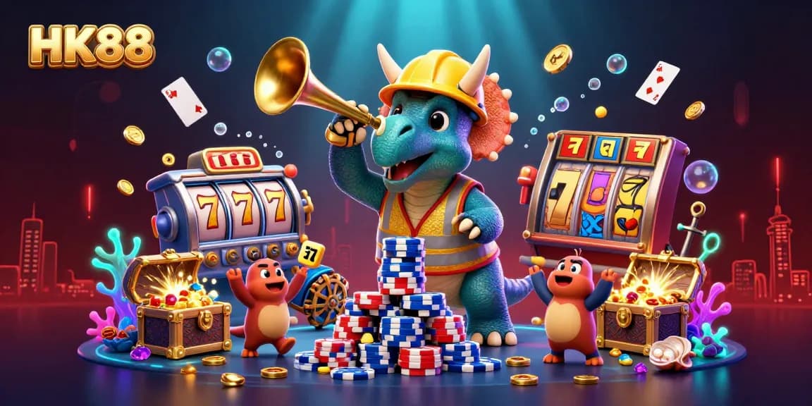 Experience the excitement of HK88 with a lively scene of characters celebrating around dynamic casino elements.