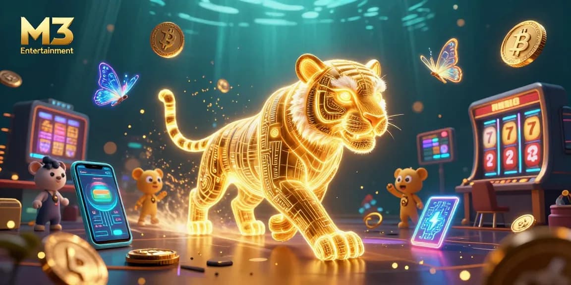 M3 Entertainment showcases thrilling gameplay within a vibrant 3D casino landscape featuring a golden tiger and holographic elements.