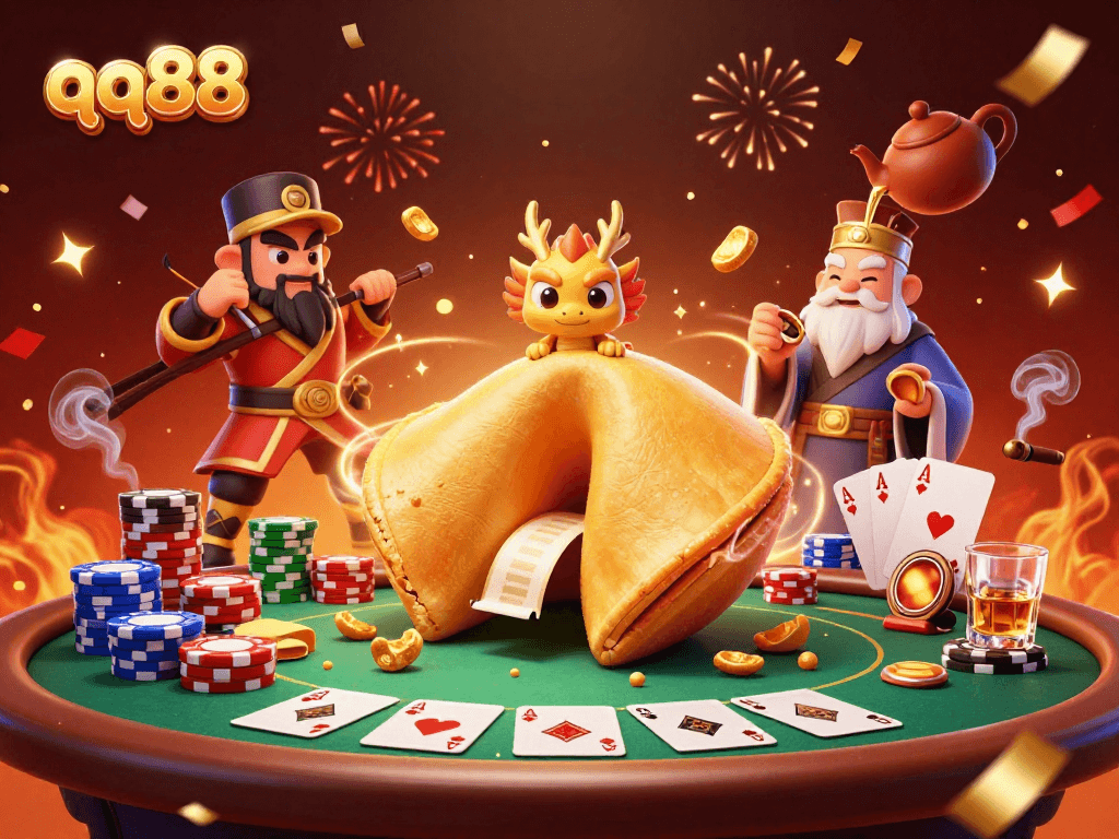 Engage in thrilling qq88 gaming with a vibrant fortune cookie scene, dragon fortune teller, and poker elements.