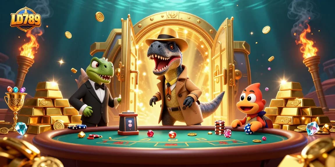 Engage with LD789's thrilling blackjack scene featuring animated dinosaurs and gleaming treasures.
