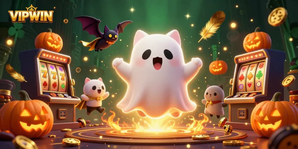 Experience thrilling gameplay with VIPWIN in a haunted casino scene featuring dynamic characters and rich gaming elements.