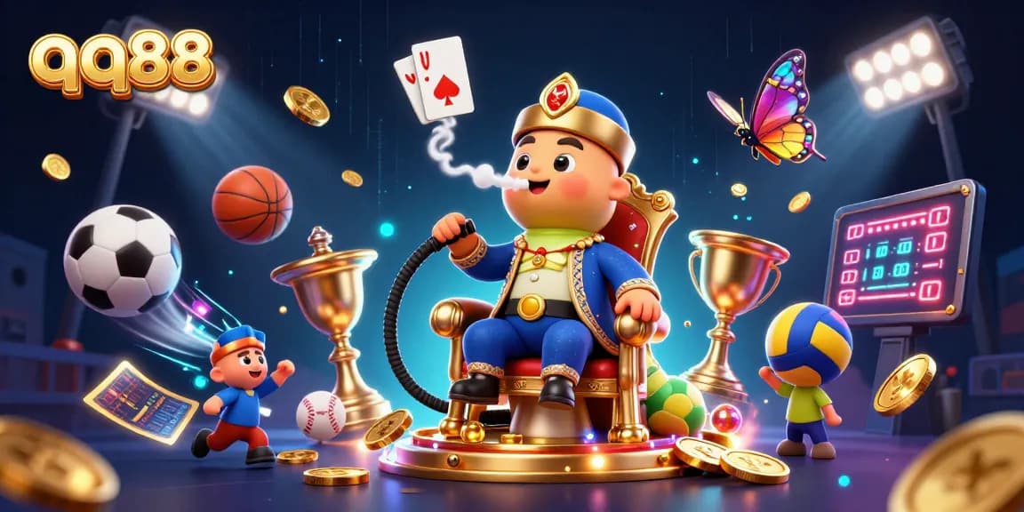 Experience the excitement of sports betting at qq88 with vibrant casino-themed illustrations featuring animated sports balls.